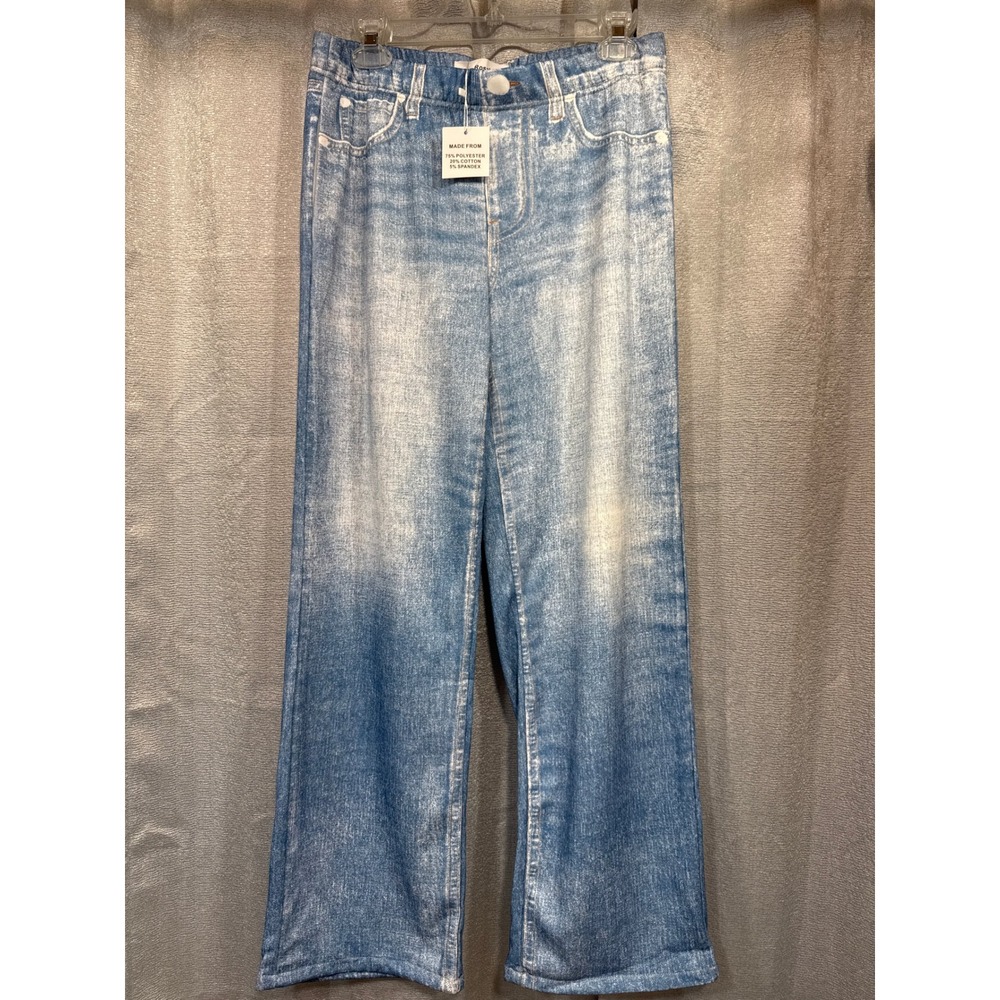 Mila Rosabella Womens Trompe L'oeil Denim Print Wide Leg Lounge Pants Blue L NWT